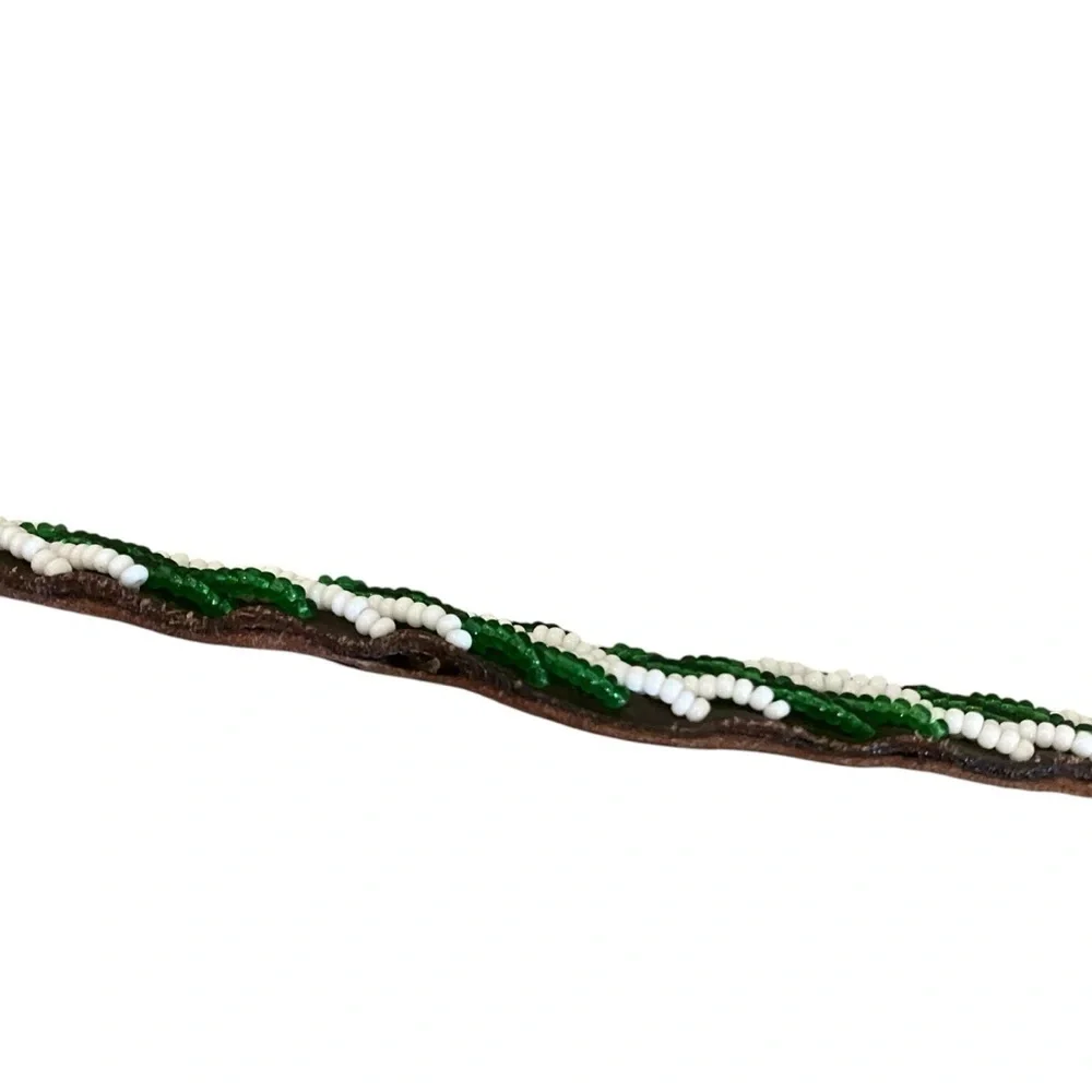 Beaded Leather Belt Sz 30 - Green and White